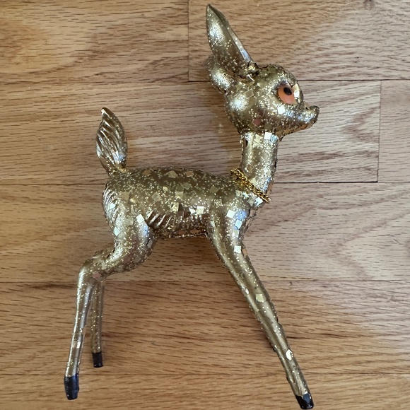 Vintage Gold Glitter Hard Plastic Deer Reindeer with Bell - Picture 7 of 12